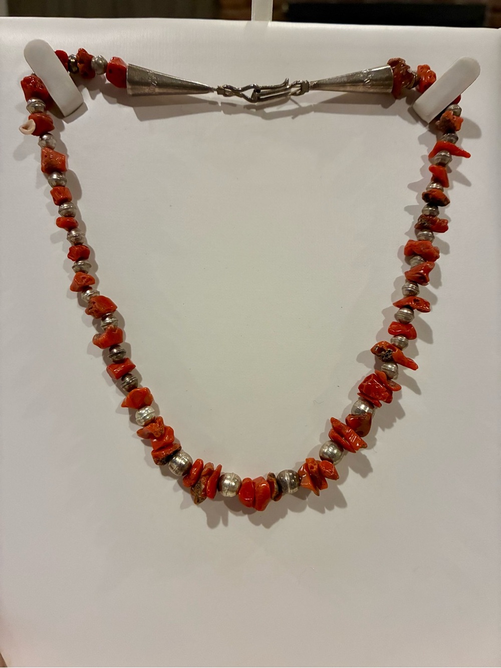 Native American Red Coral and Silver Bench Beaded Necklace
